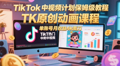 TikTok中视频计划保姆级教程，TK原创动画课程，单账号月收益4k美刀-Zv头条