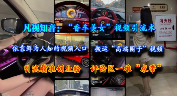 凡视知音：“香车美女”视频引流术，依靠鲜为人知的视频入口，搬运“高端圈子”视频，引流精准创业粉，评论区一堆“求带”-Zv头条
